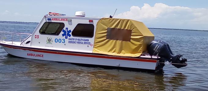 Boat Ambulance which was given to the District by the Ministry of Health to support the transportation of patients across the water Boat Ambulance